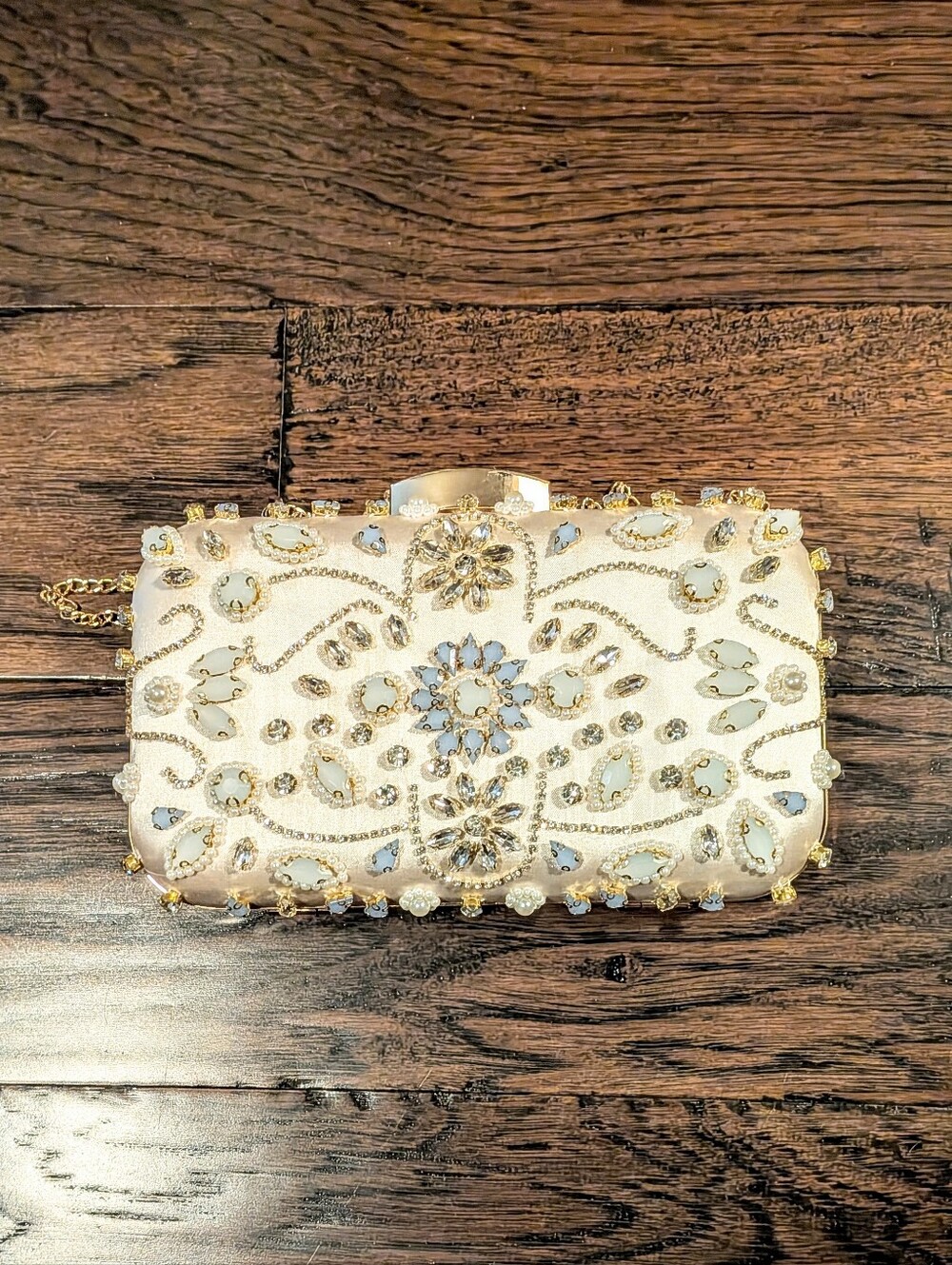 Embellished White/Beige Crystal Evening Clutch